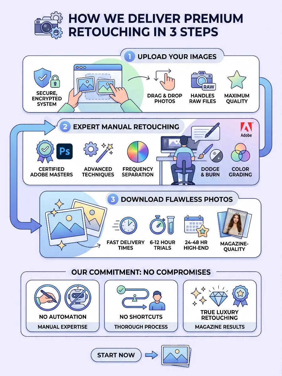 How We Deliver Premium Retouching in 3 Steps.